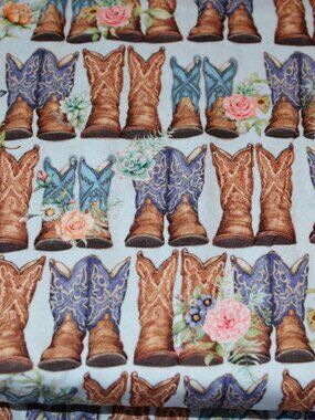 One Yard Cotton Fabric DUSTY BOOTS Cowboy Boots on Blue
